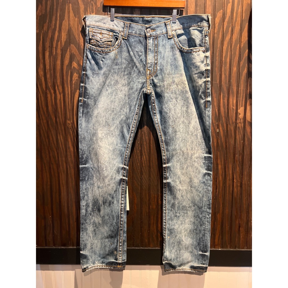 True Religion Ricky Straight Leg Jeans Blue Acid Wash Contrast Stitch Mens 42x34